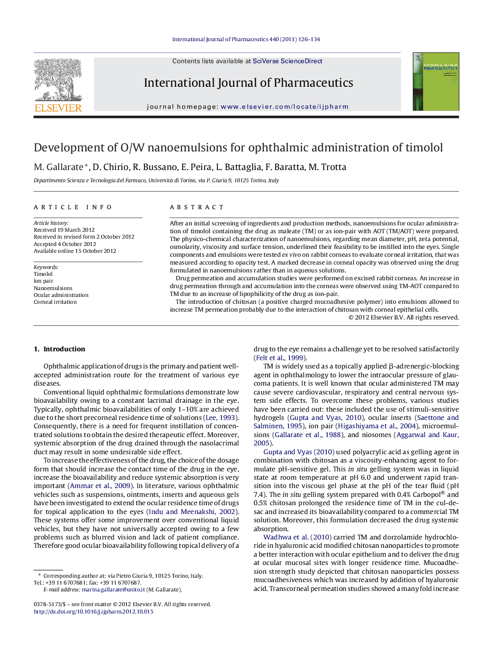 Development of O/W nanoemulsions for ophthalmic administration of timolol