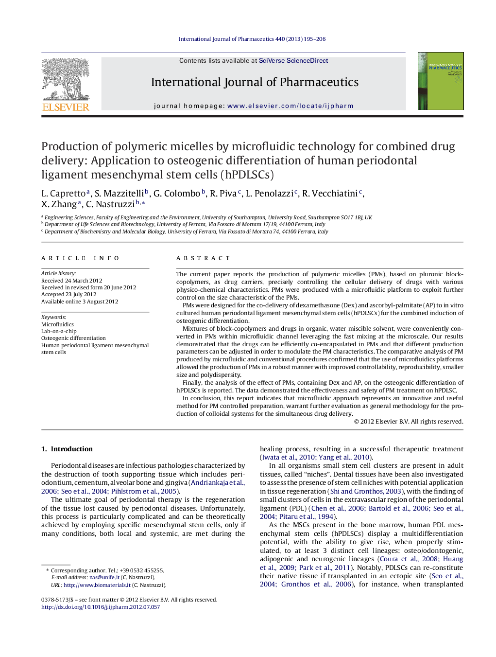 Production of polymeric micelles by microfluidic technology for combined drug delivery: Application to osteogenic differentiation of human periodontal ligament mesenchymal stem cells (hPDLSCs)