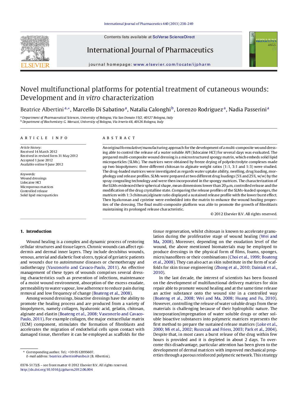 Novel multifunctional platforms for potential treatment of cutaneous wounds: Development and in vitro characterization