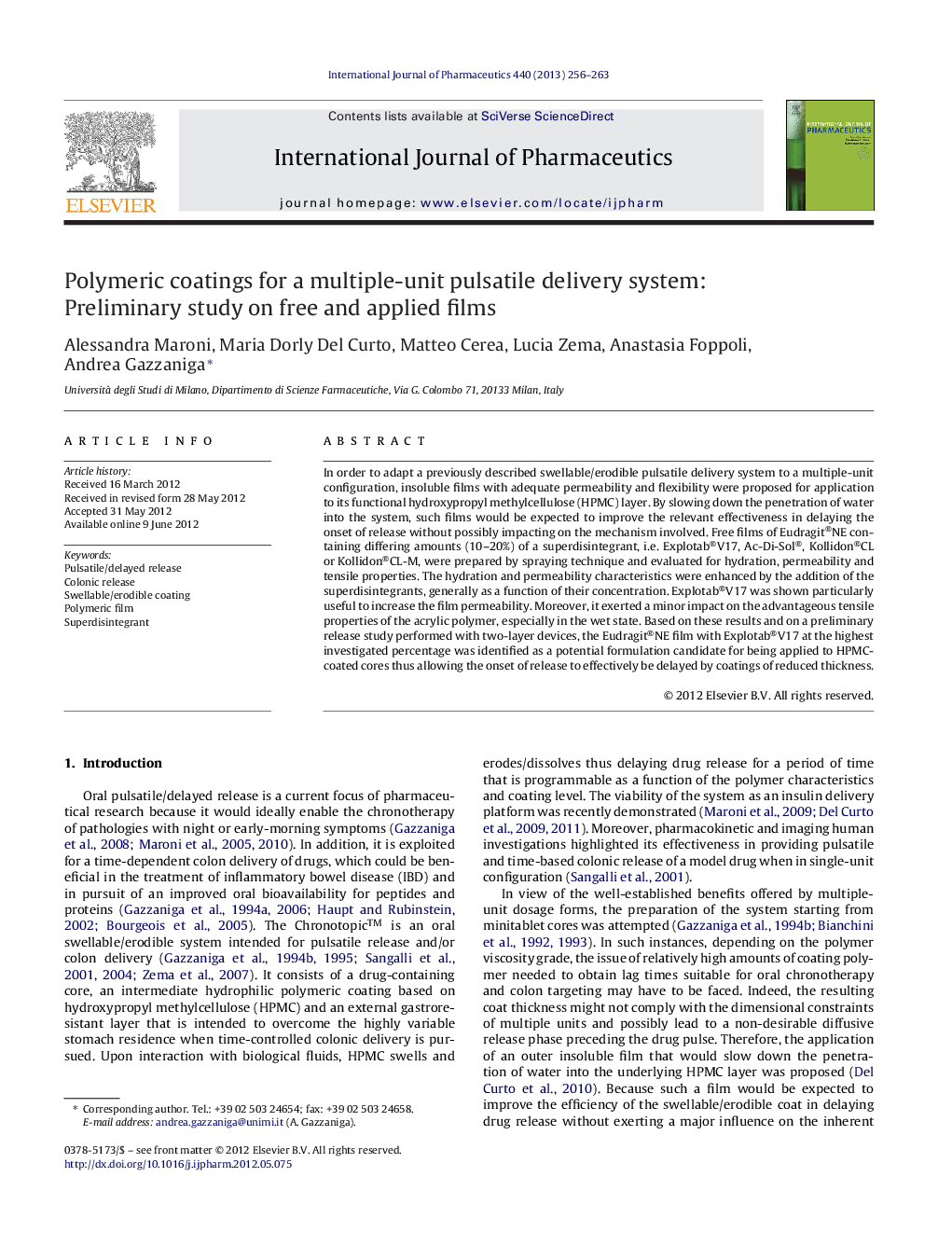 Polymeric coatings for a multiple-unit pulsatile delivery system: Preliminary study on free and applied films