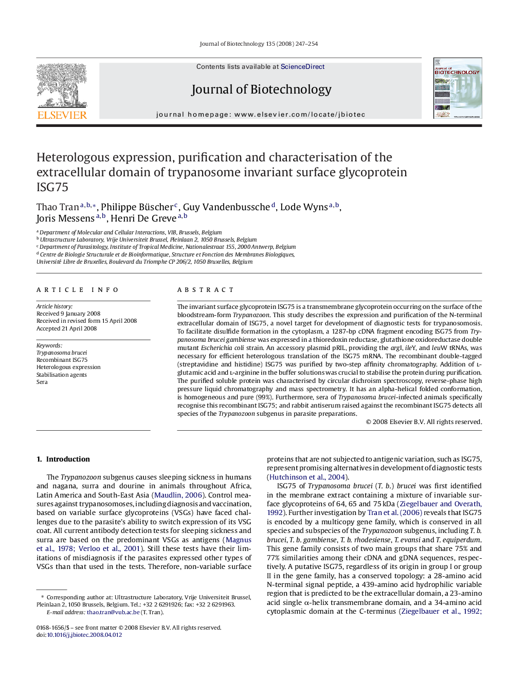 Heterologous expression, purification and characterisation of the extracellular domain of trypanosome invariant surface glycoprotein ISG75