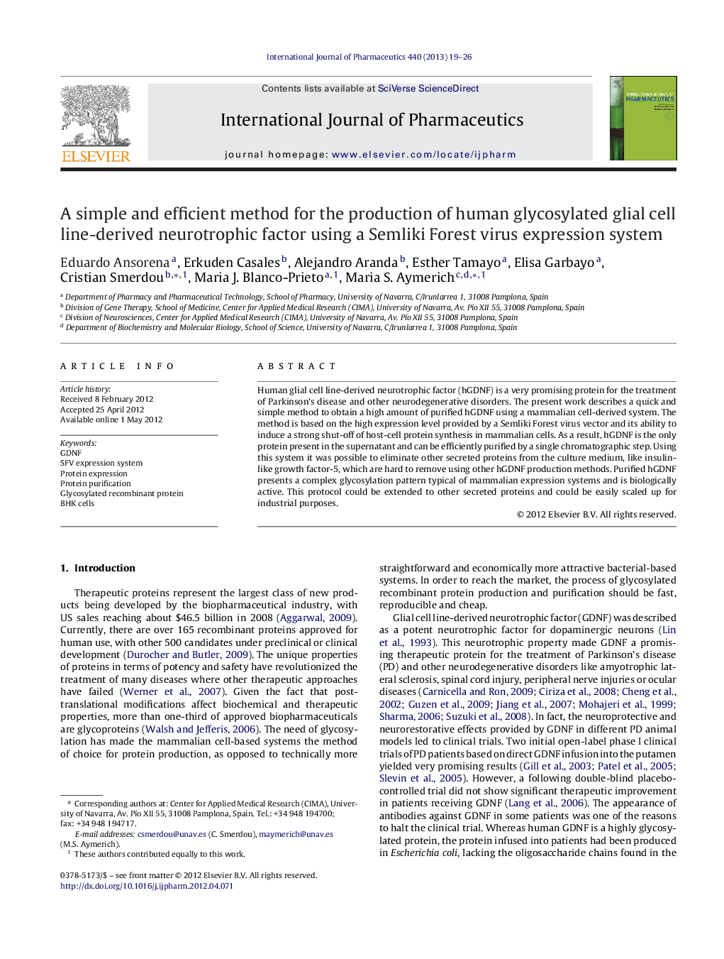 A simple and efficient method for the production of human glycosylated glial cell line-derived neurotrophic factor using a Semliki Forest virus expression system