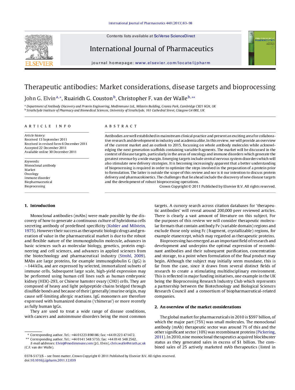 Therapeutic antibodies: Market considerations, disease targets and bioprocessing