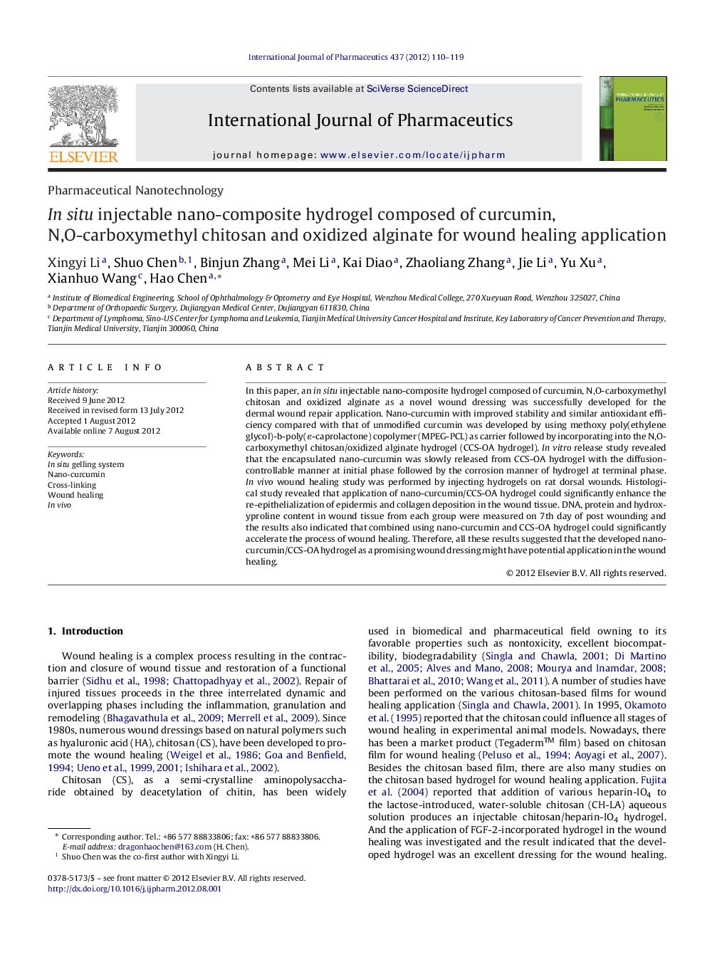 In situ injectable nano-composite hydrogel composed of curcumin, N,O-carboxymethyl chitosan and oxidized alginate for wound healing application