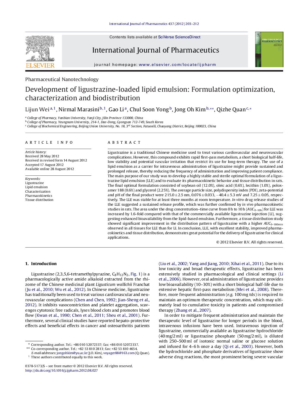 Development of ligustrazine-loaded lipid emulsion: Formulation optimization, characterization and biodistribution