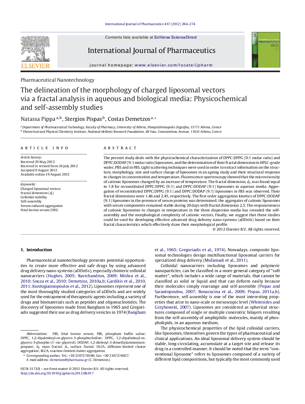 The delineation of the morphology of charged liposomal vectors via a fractal analysis in aqueous and biological media: Physicochemical and self-assembly studies