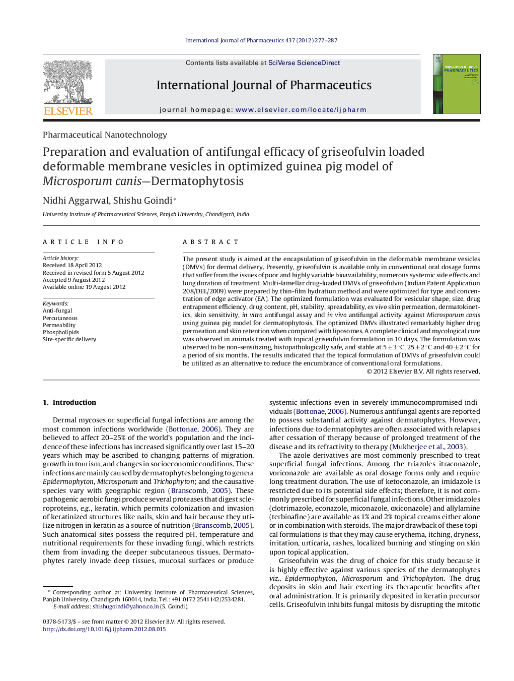 Preparation and evaluation of antifungal efficacy of griseofulvin loaded deformable membrane vesicles in optimized guinea pig model of Microsporum canis—Dermatophytosis