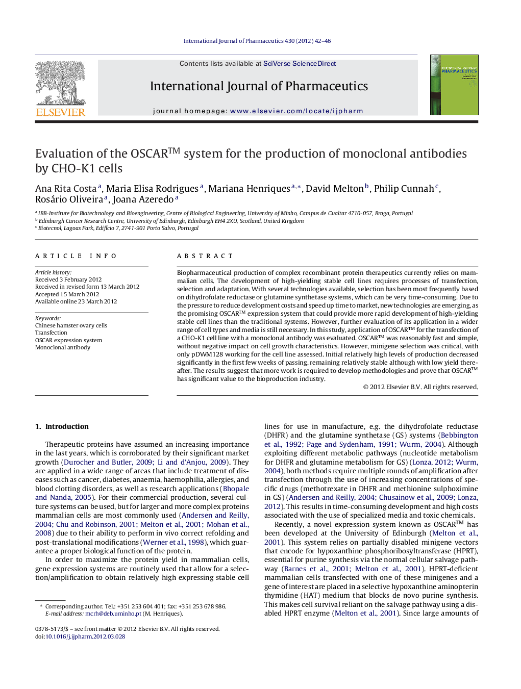 Evaluation of the OSCAR™ system for the production of monoclonal antibodies by CHO-K1 cells