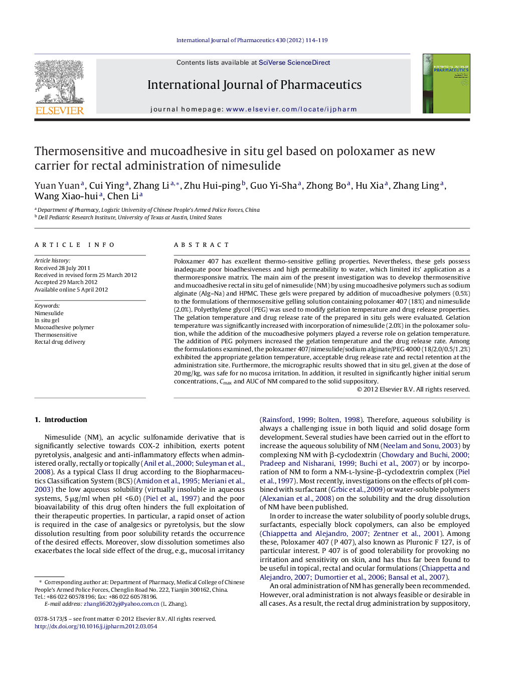 Thermosensitive and mucoadhesive in situ gel based on poloxamer as new carrier for rectal administration of nimesulide