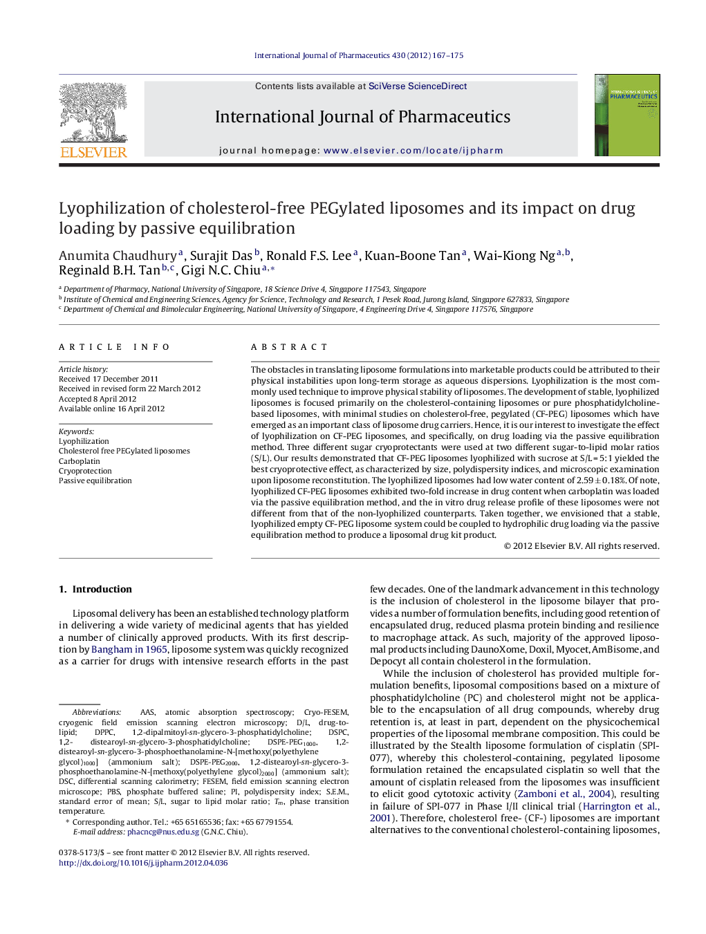 Lyophilization of cholesterol-free PEGylated liposomes and its impact on drug loading by passive equilibration