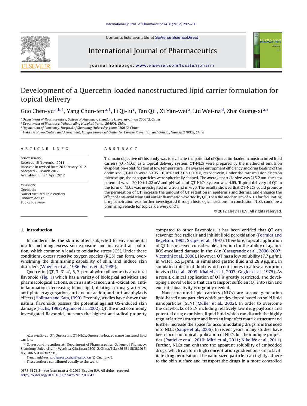 Development of a Quercetin-loaded nanostructured lipid carrier formulation for topical delivery