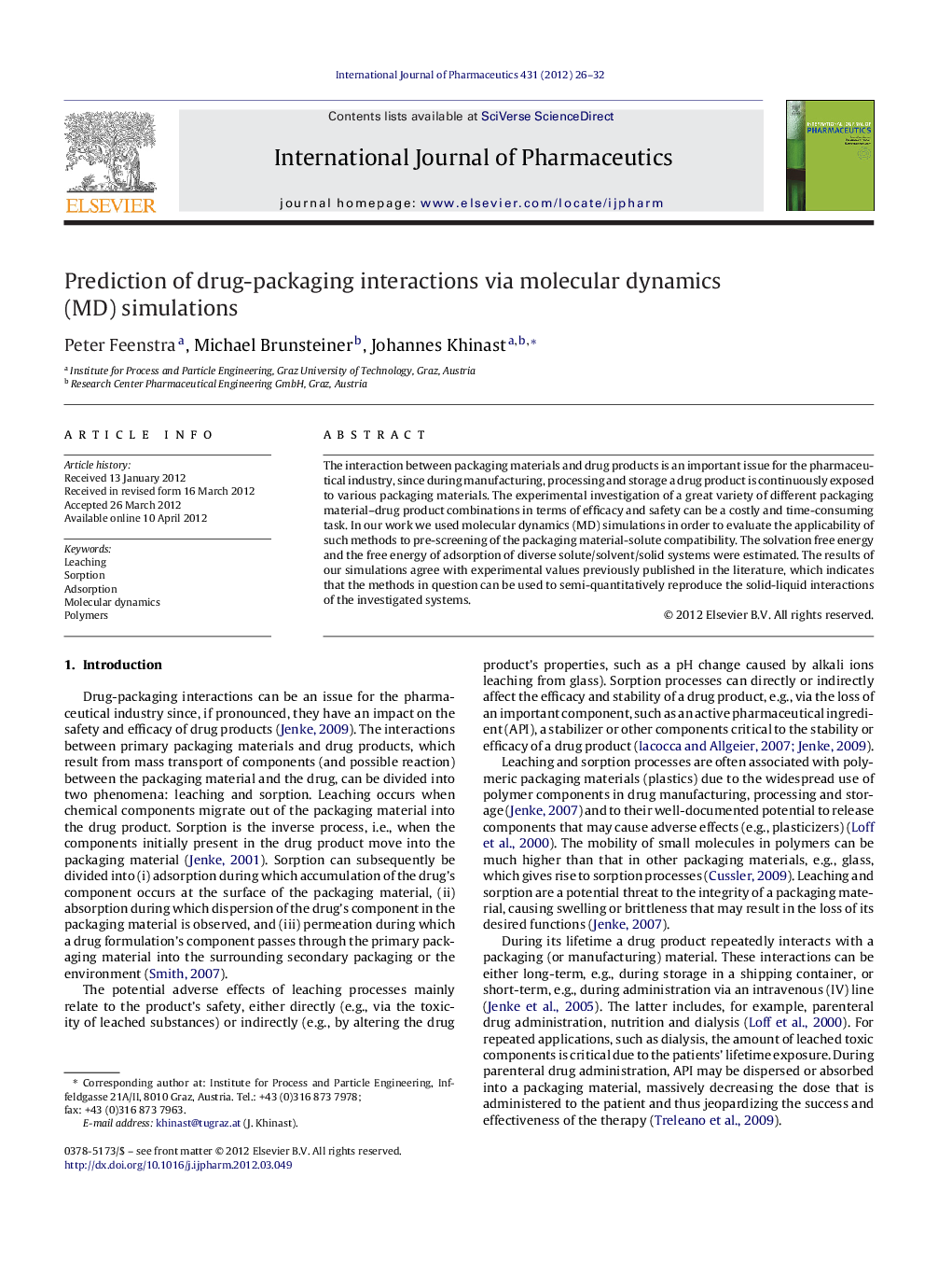 Prediction of drug-packaging interactions via molecular dynamics (MD) simulations