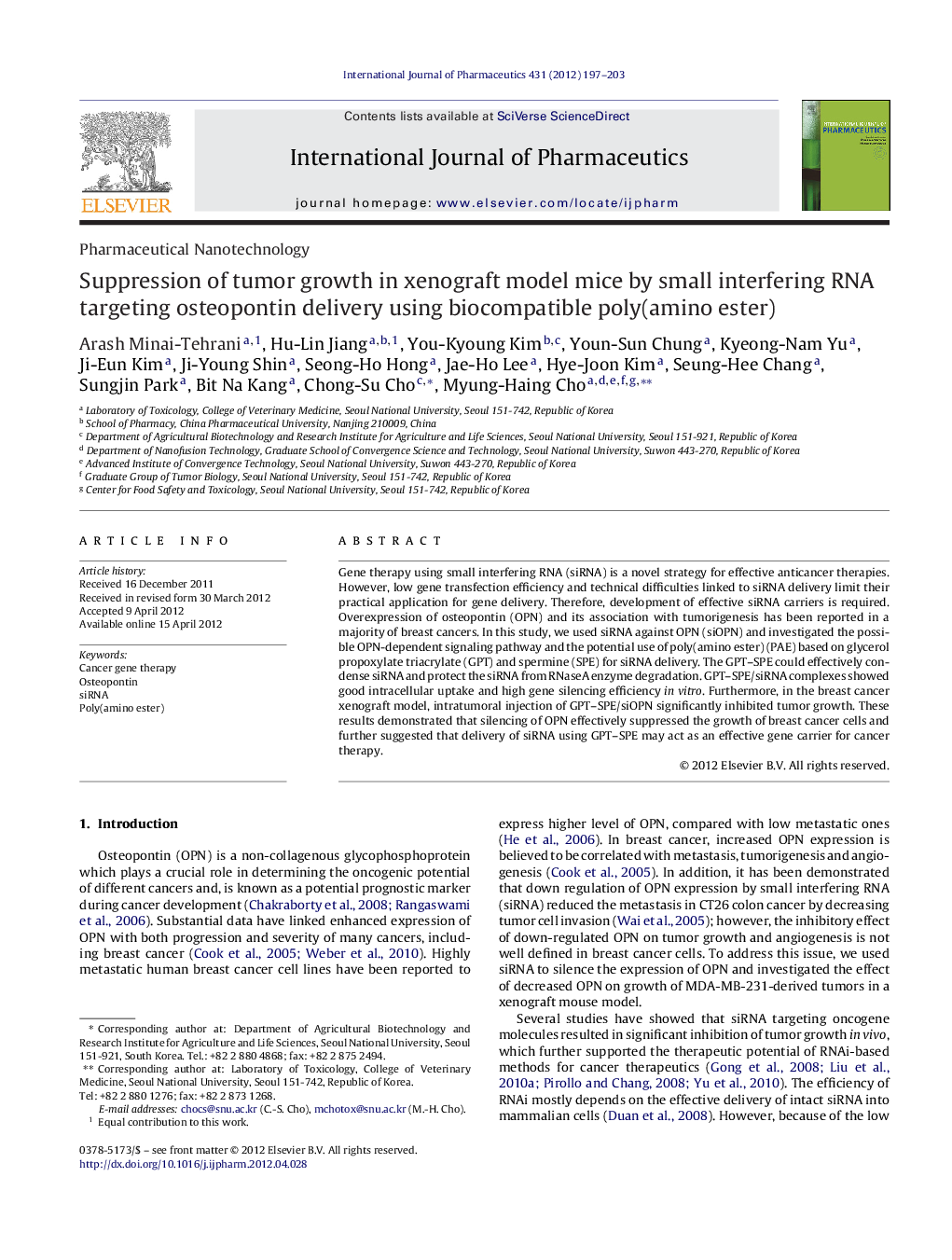 Suppression of tumor growth in xenograft model mice by small interfering RNA targeting osteopontin delivery using biocompatible poly(amino ester)