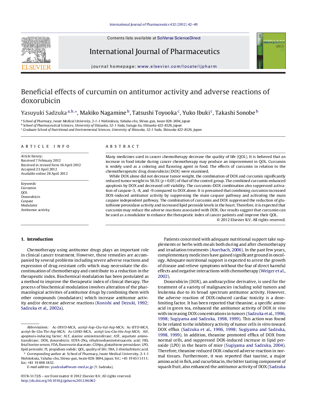 Beneficial effects of curcumin on antitumor activity and adverse reactions of doxorubicin