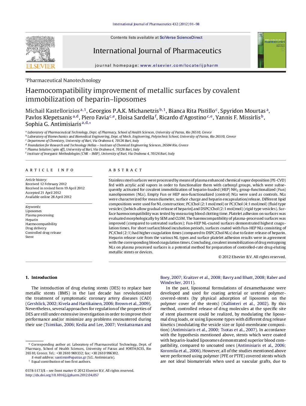 Haemocompatibility improvement of metallic surfaces by covalent immobilization of heparin–liposomes