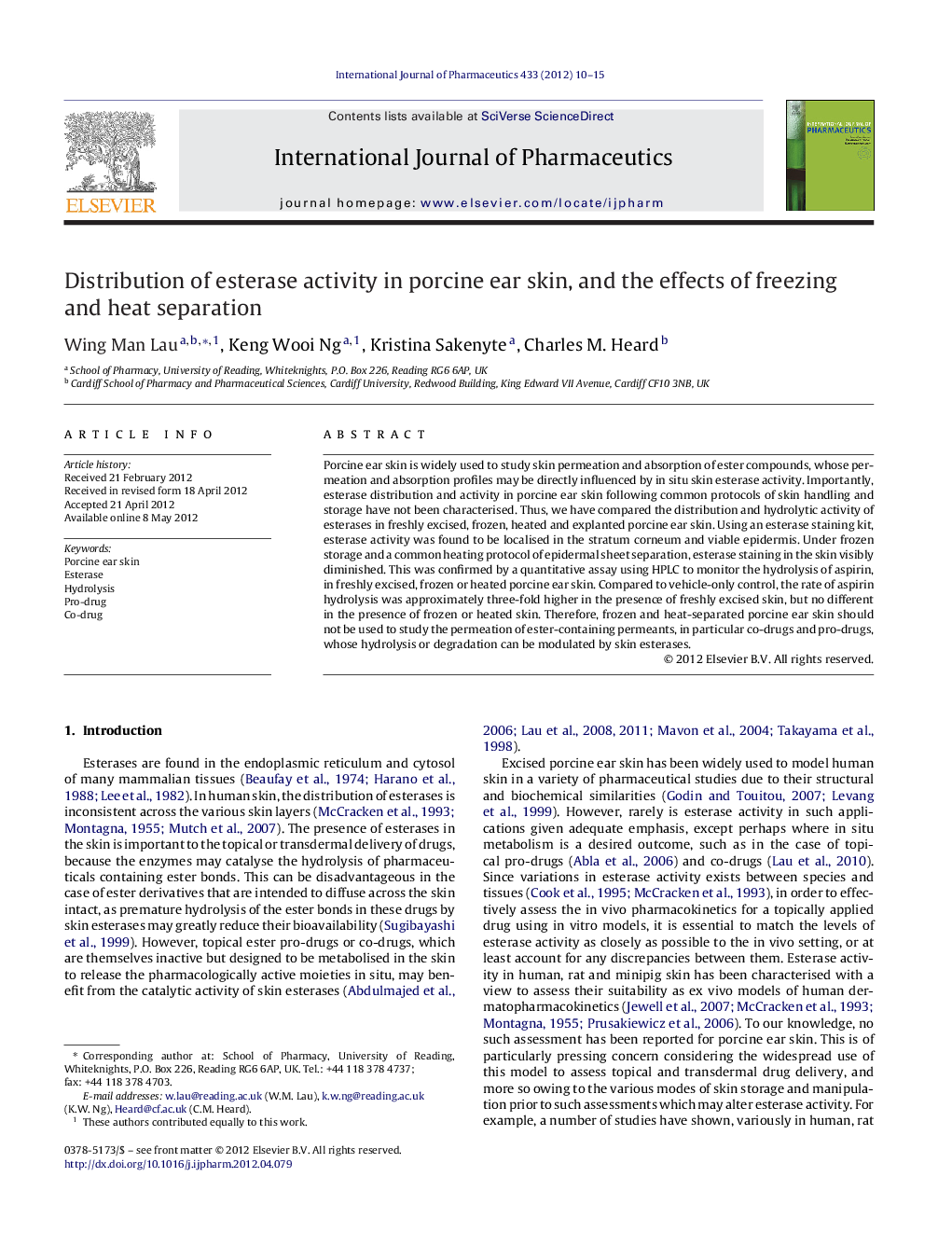 Distribution of esterase activity in porcine ear skin, and the effects of freezing and heat separation