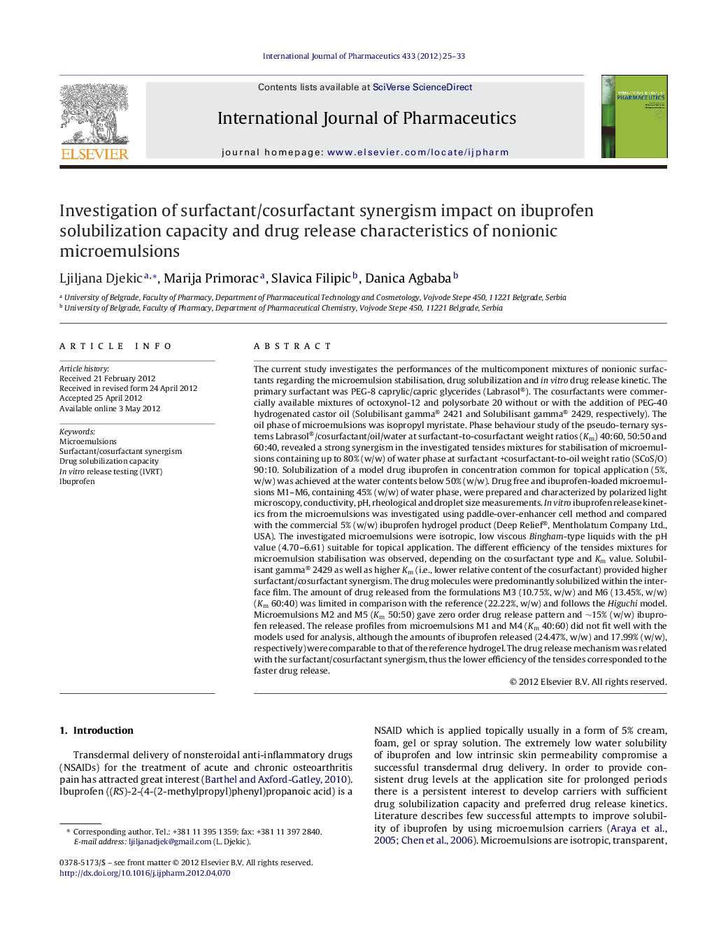 Investigation of surfactant/cosurfactant synergism impact on ibuprofen solubilization capacity and drug release characteristics of nonionic microemulsions