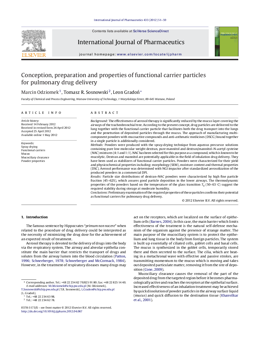 Conception, preparation and properties of functional carrier particles for pulmonary drug delivery