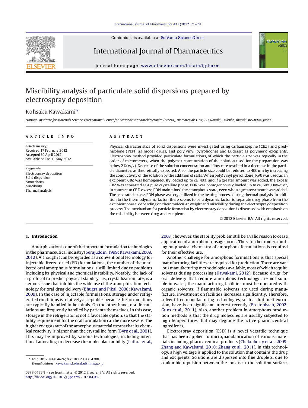 Miscibility analysis of particulate solid dispersions prepared by electrospray deposition