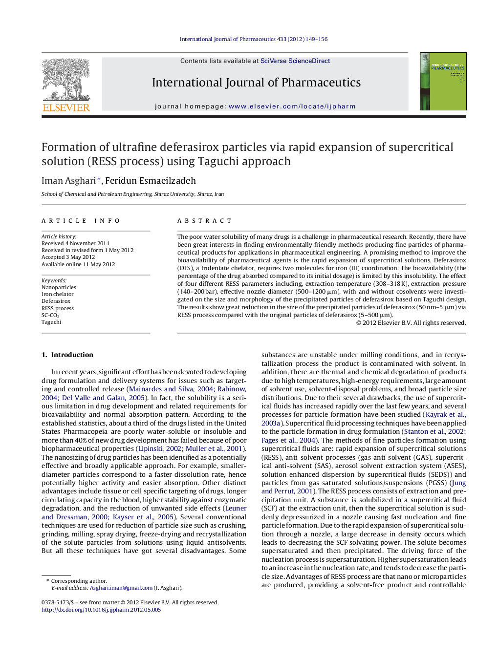 Formation of ultrafine deferasirox particles via rapid expansion of supercritical solution (RESS process) using Taguchi approach