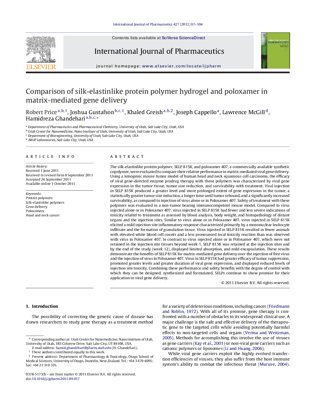 Comparison of silk-elastinlike protein polymer hydrogel and poloxamer in matrix-mediated gene delivery