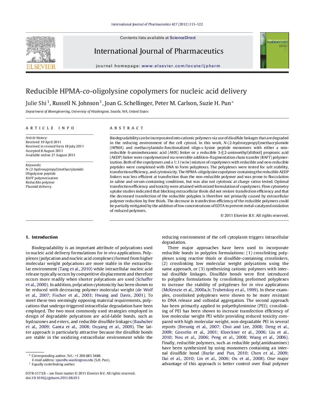 Reducible HPMA-co-oligolysine copolymers for nucleic acid delivery