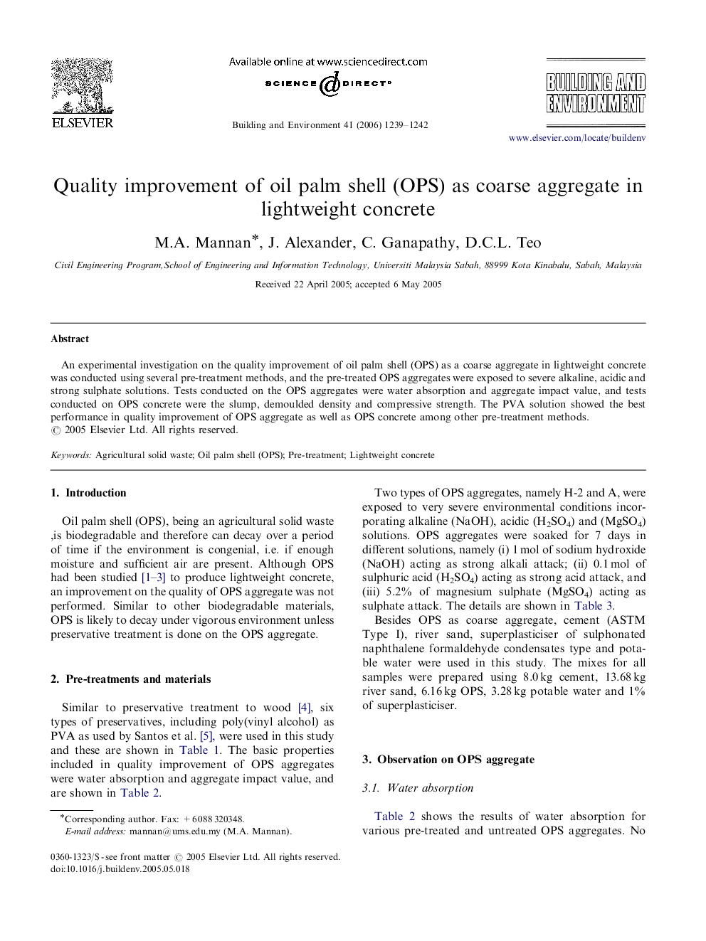 Quality improvement of oil palm shell (OPS) as coarse aggregate in lightweight concrete