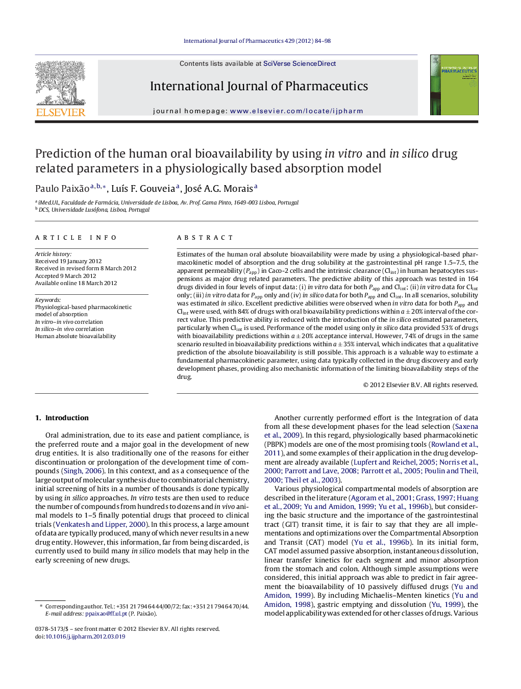 Prediction of the human oral bioavailability by using in vitro and in silico drug related parameters in a physiologically based absorption model