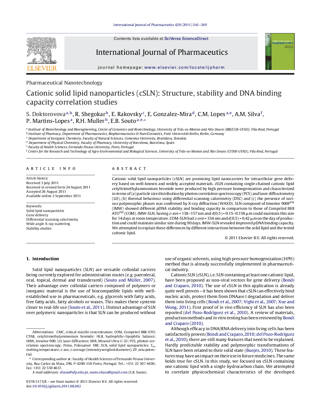 Cationic solid lipid nanoparticles (cSLN): Structure, stability and DNA binding capacity correlation studies