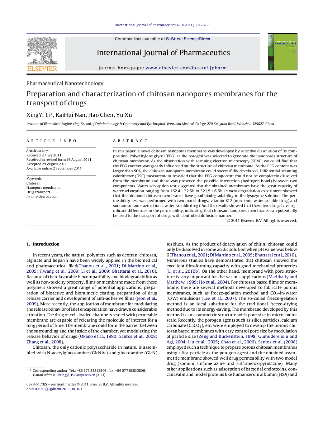 Preparation and characterization of chitosan nanopores membranes for the transport of drugs