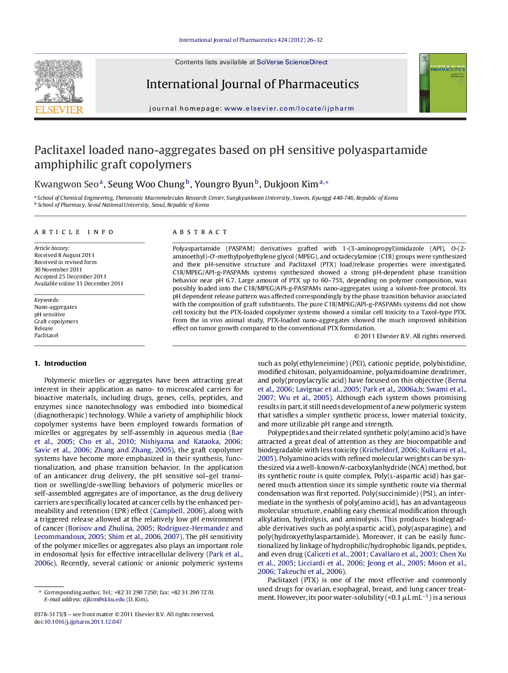 Paclitaxel loaded nano-aggregates based on pH sensitive polyaspartamide amphiphilic graft copolymers