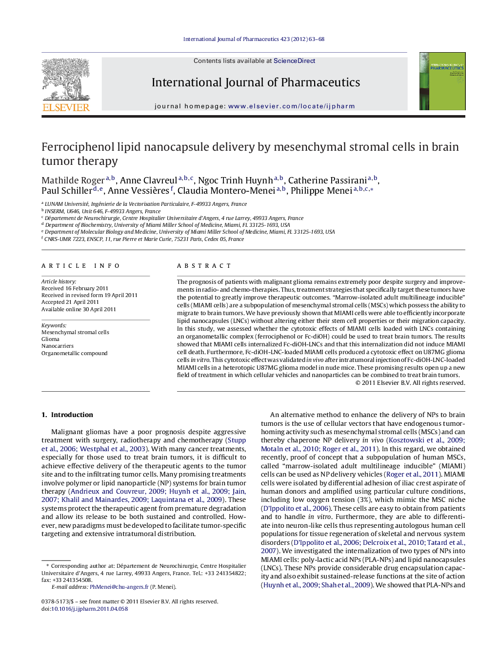 Ferrociphenol lipid nanocapsule delivery by mesenchymal stromal cells in brain tumor therapy