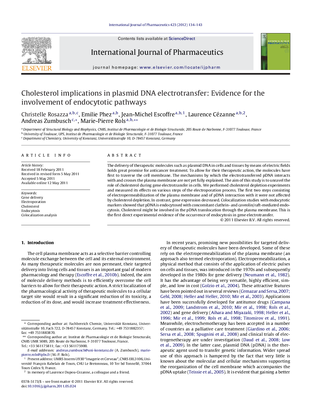 Cholesterol implications in plasmid DNA electrotransfer: Evidence for the involvement of endocytotic pathways