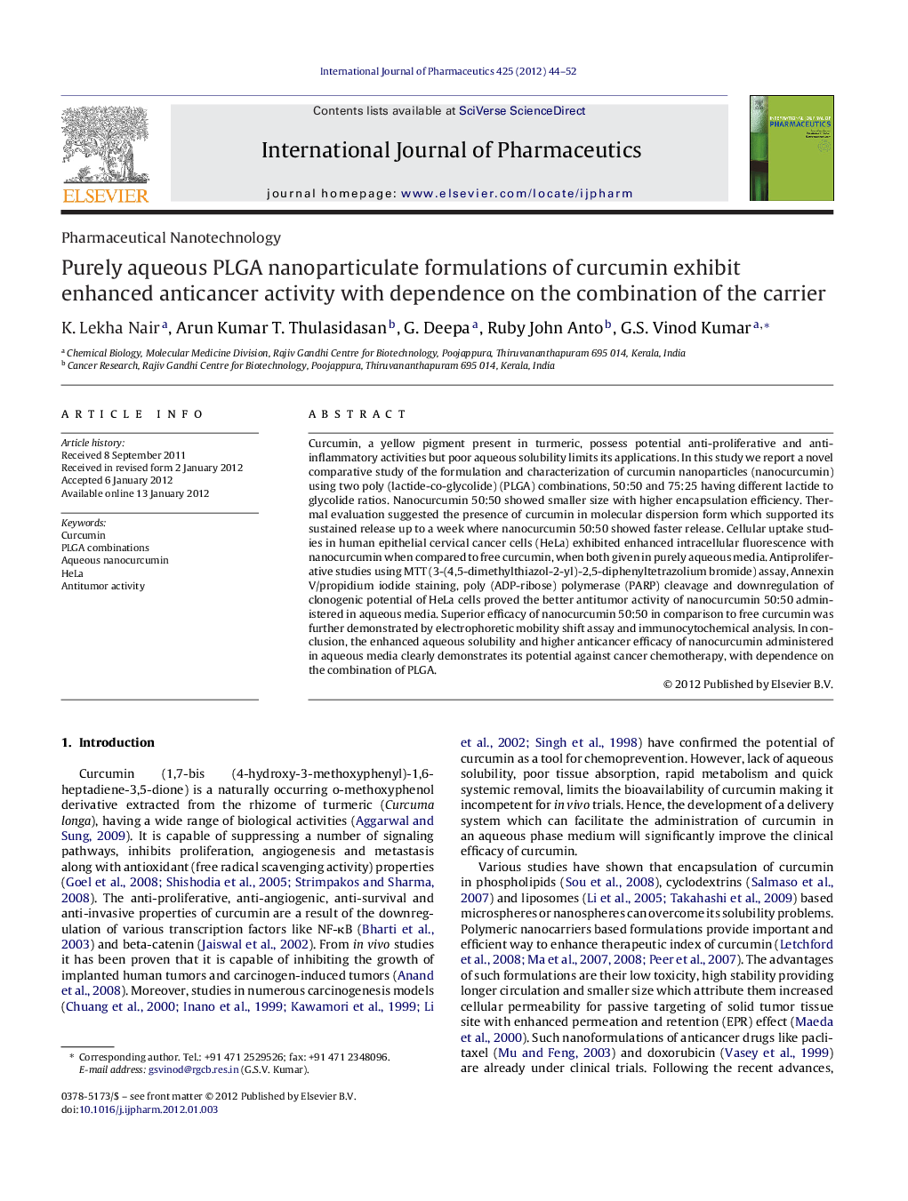 Purely aqueous PLGA nanoparticulate formulations of curcumin exhibit enhanced anticancer activity with dependence on the combination of the carrier