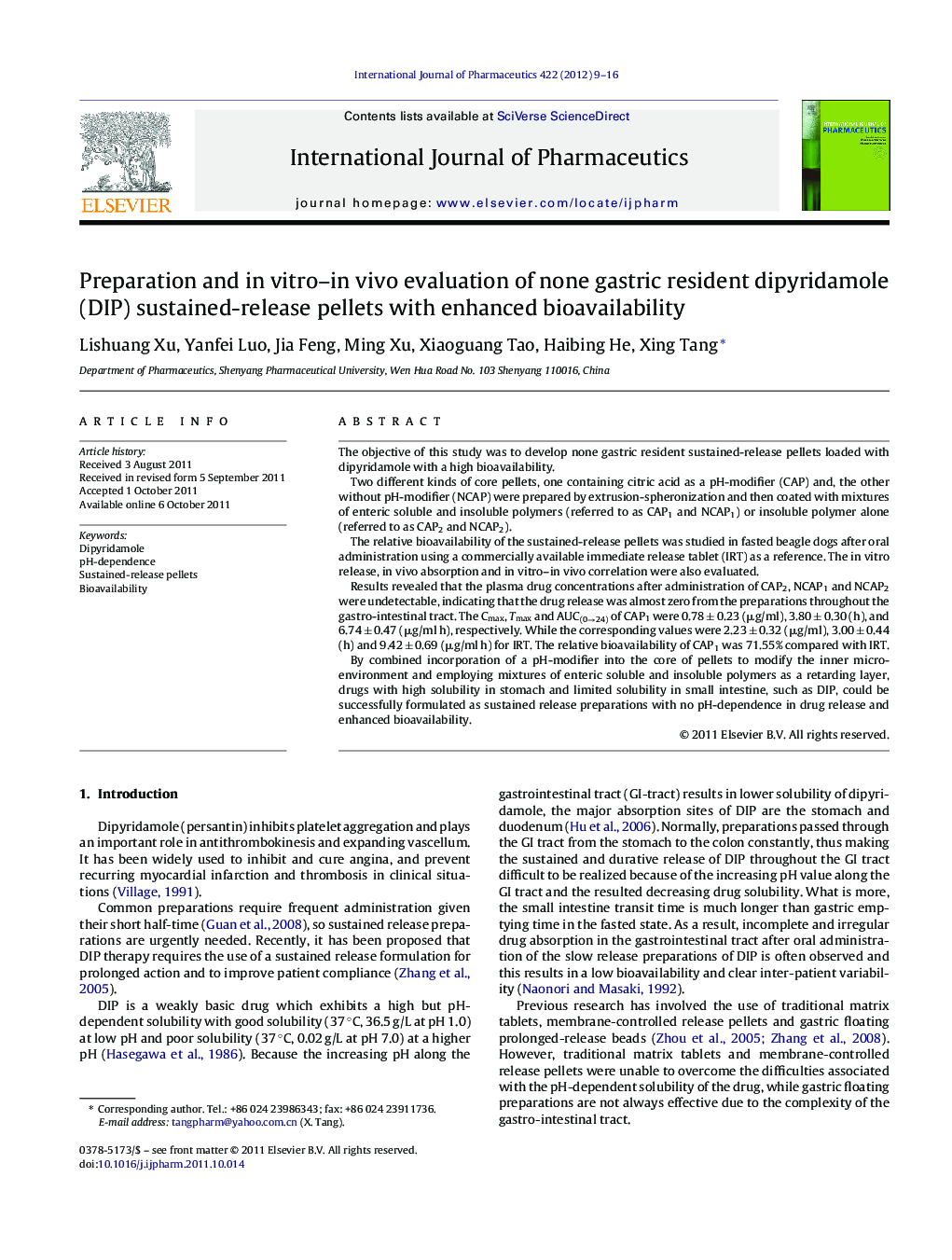 Preparation and in vitro–in vivo evaluation of none gastric resident dipyridamole (DIP) sustained-release pellets with enhanced bioavailability