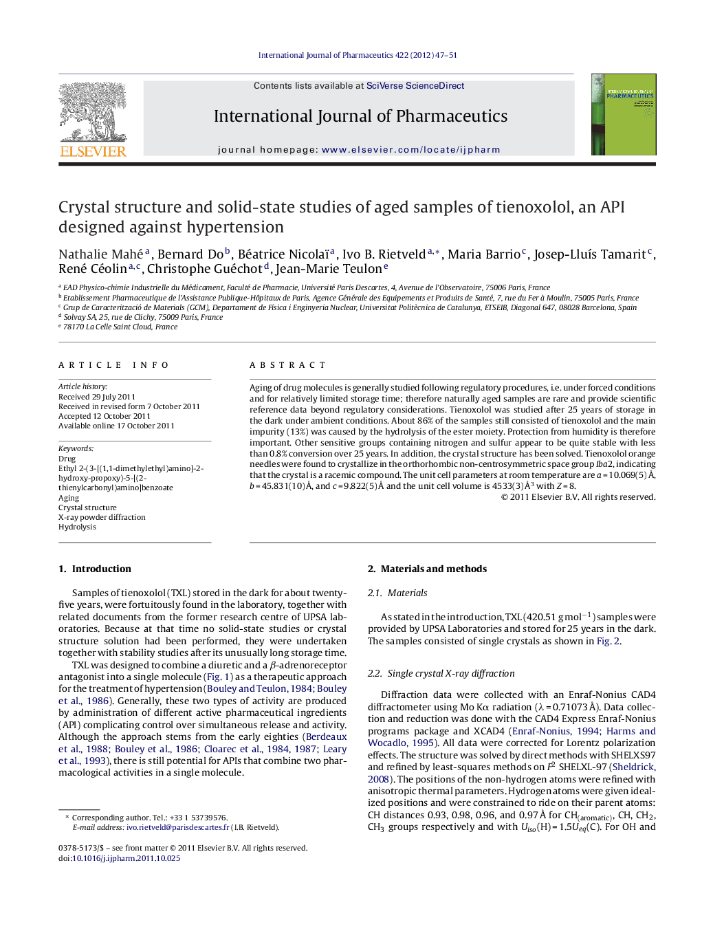 Crystal structure and solid-state studies of aged samples of tienoxolol, an API designed against hypertension