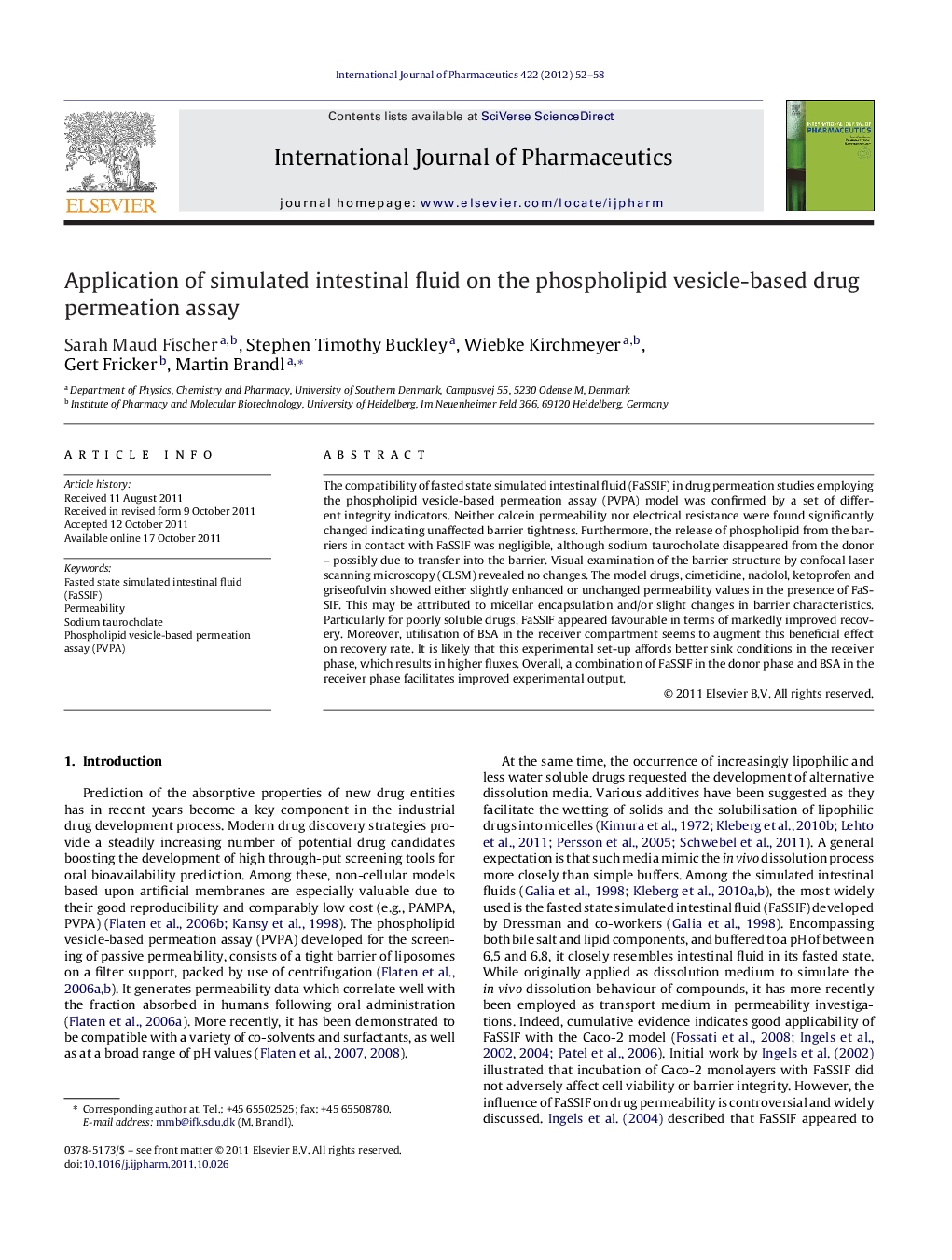 Application of simulated intestinal fluid on the phospholipid vesicle-based drug permeation assay