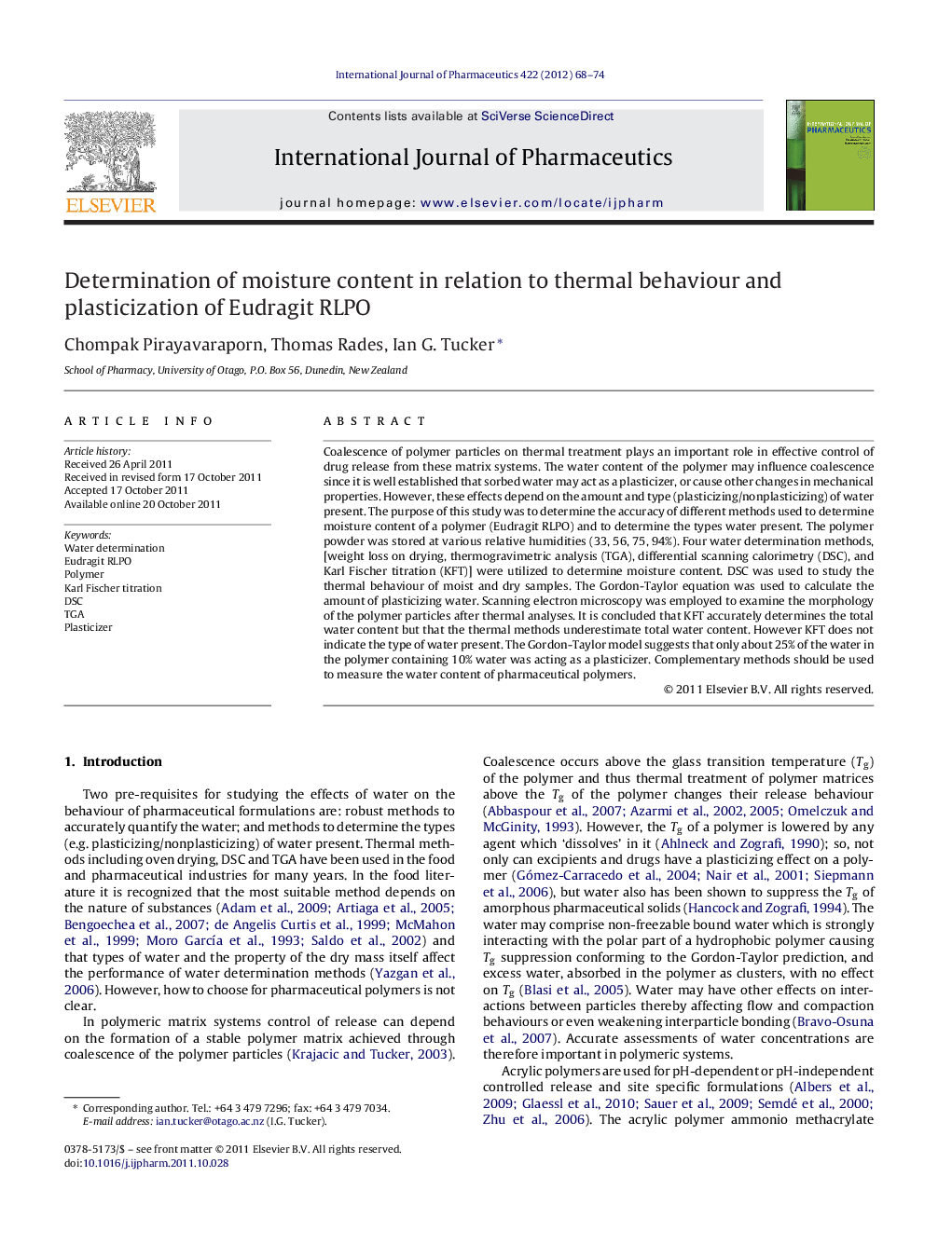 Determination of moisture content in relation to thermal behaviour and plasticization of Eudragit RLPO