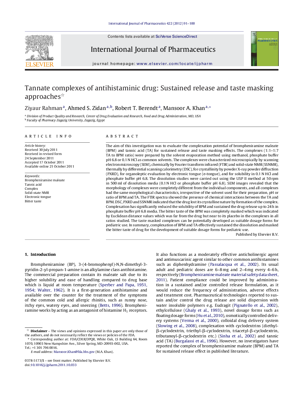 Tannate complexes of antihistaminic drug: Sustained release and taste masking approaches 