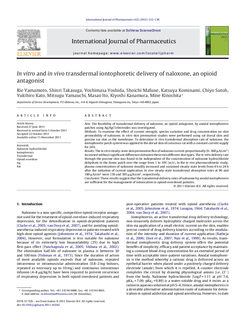 In vitro and in vivo transdermal iontophoretic delivery of naloxone, an opioid antagonist