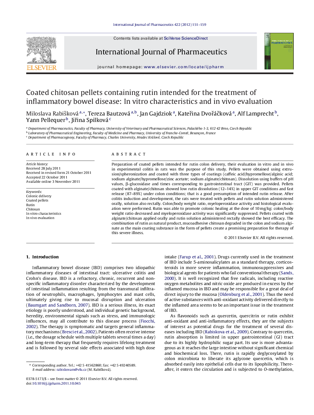 Coated chitosan pellets containing rutin intended for the treatment of inflammatory bowel disease: In vitro characteristics and in vivo evaluation