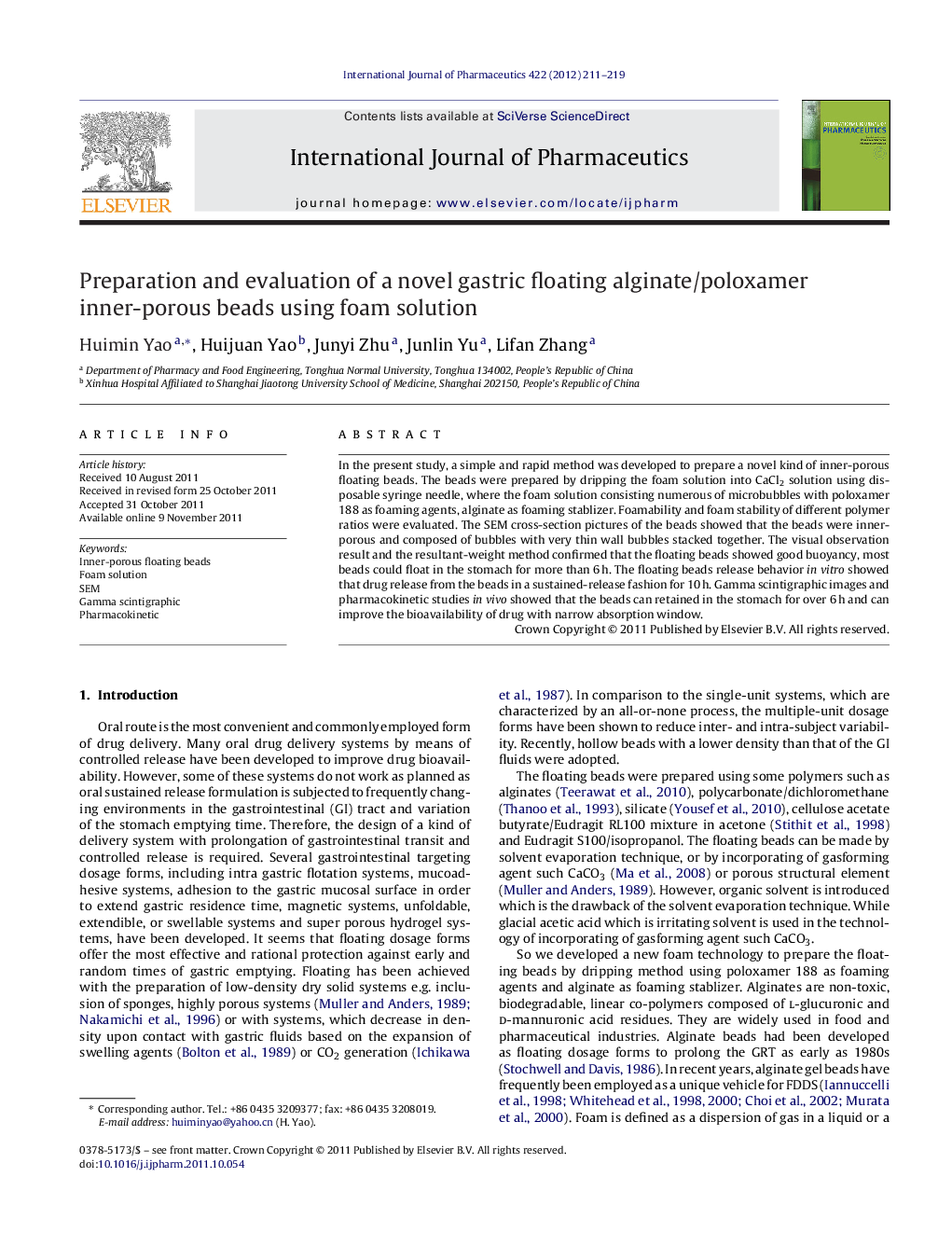 Preparation and evaluation of a novel gastric floating alginate/poloxamer inner-porous beads using foam solution