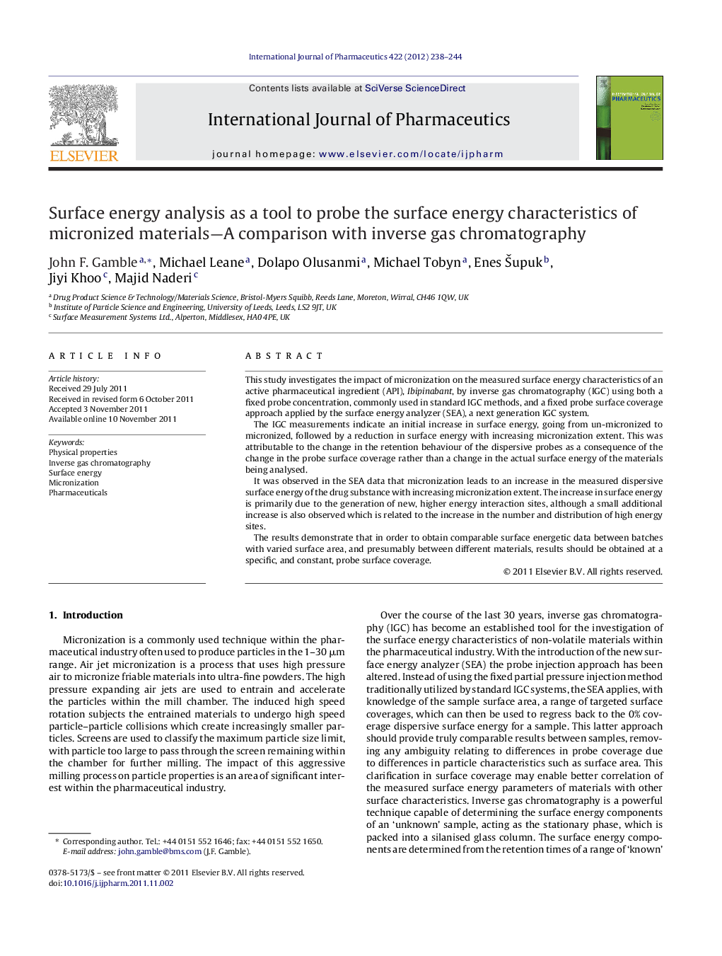 Surface energy analysis as a tool to probe the surface energy characteristics of micronized materials—A comparison with inverse gas chromatography