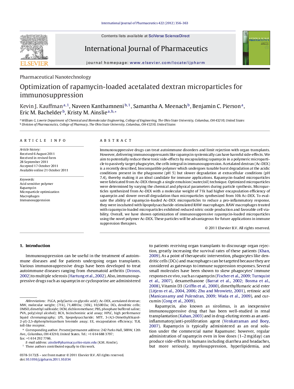 Optimization of rapamycin-loaded acetalated dextran microparticles for immunosuppression