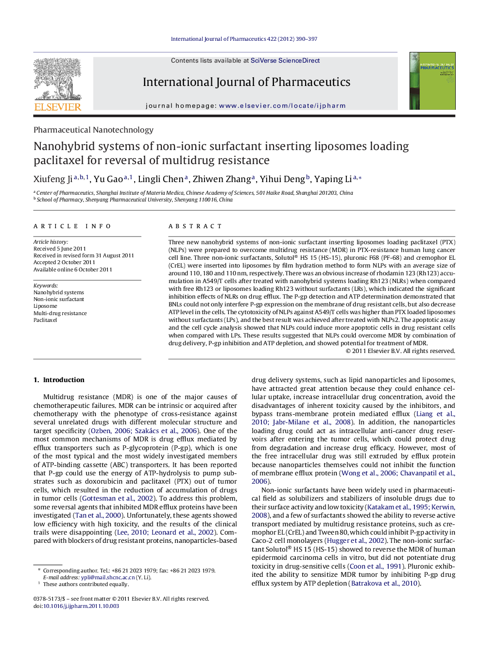 Nanohybrid systems of non-ionic surfactant inserting liposomes loading paclitaxel for reversal of multidrug resistance