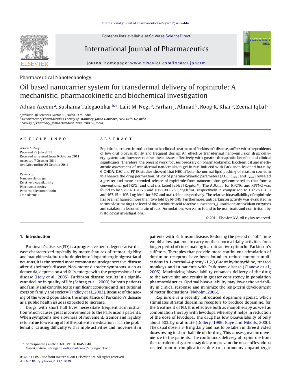 Oil based nanocarrier system for transdermal delivery of ropinirole: A mechanistic, pharmacokinetic and biochemical investigation