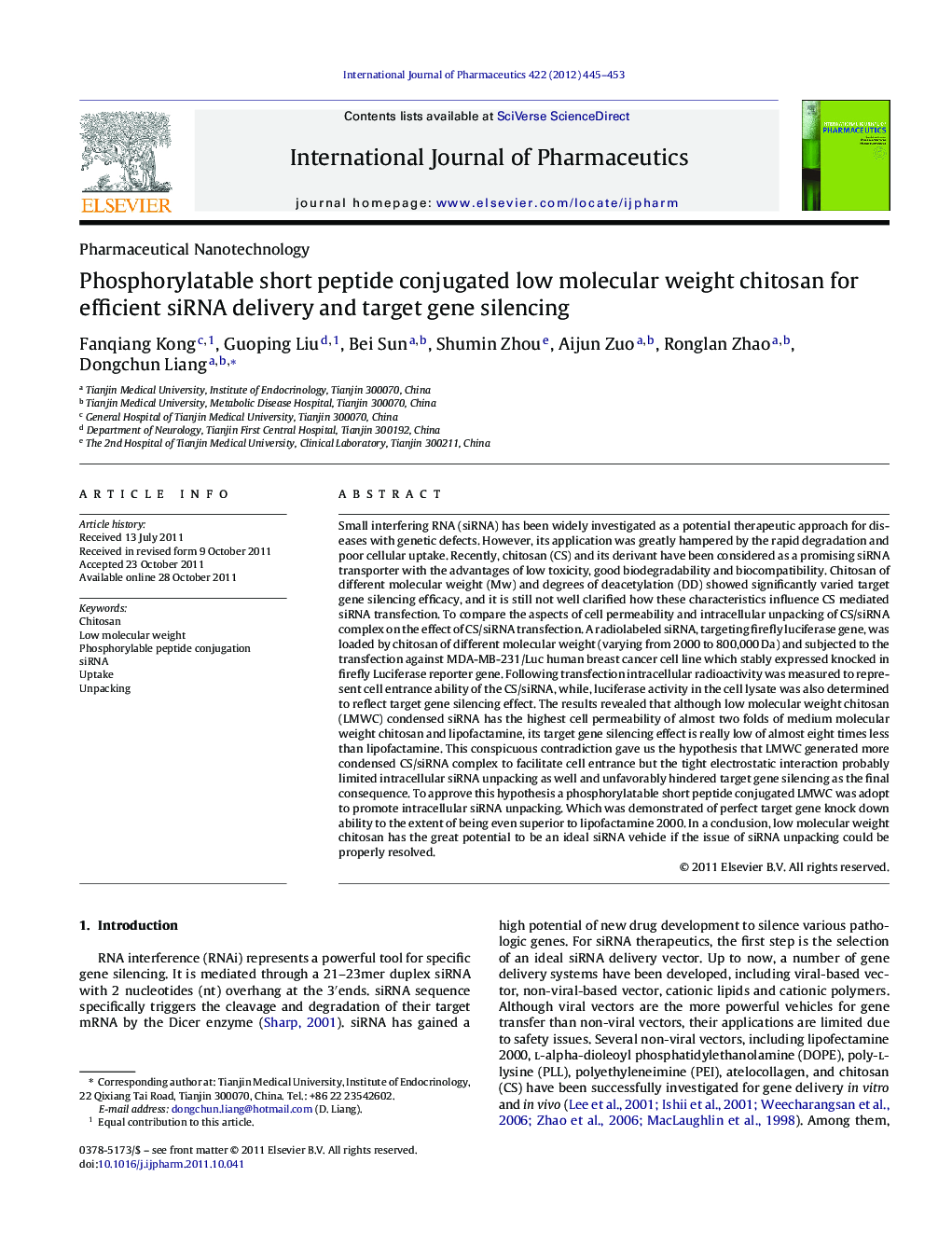 Phosphorylatable short peptide conjugated low molecular weight chitosan for efficient siRNA delivery and target gene silencing