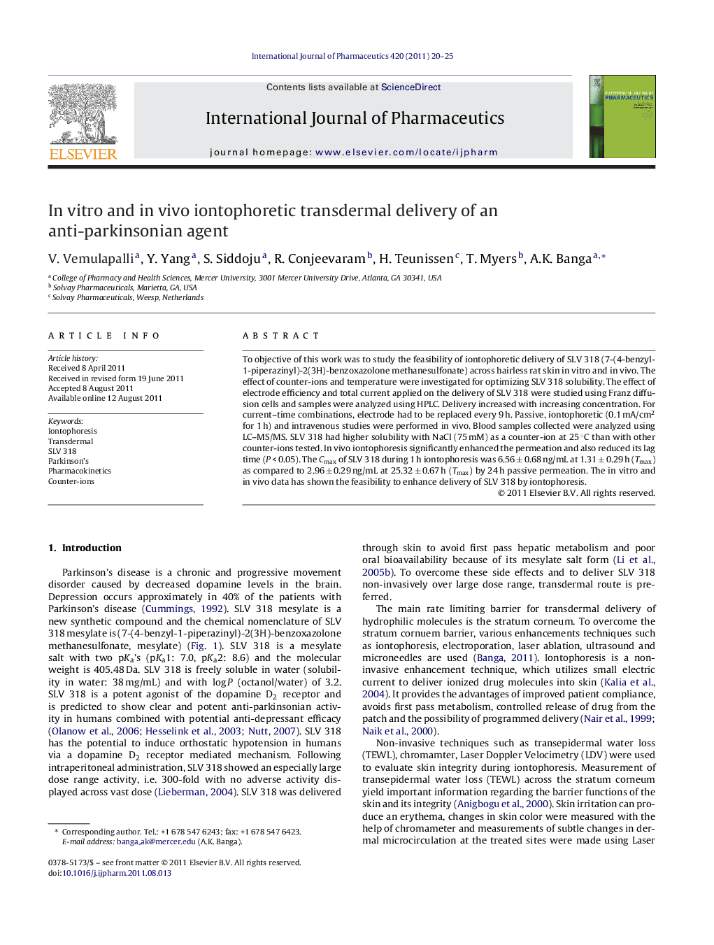 In vitro and in vivo iontophoretic transdermal delivery of an anti-parkinsonian agent