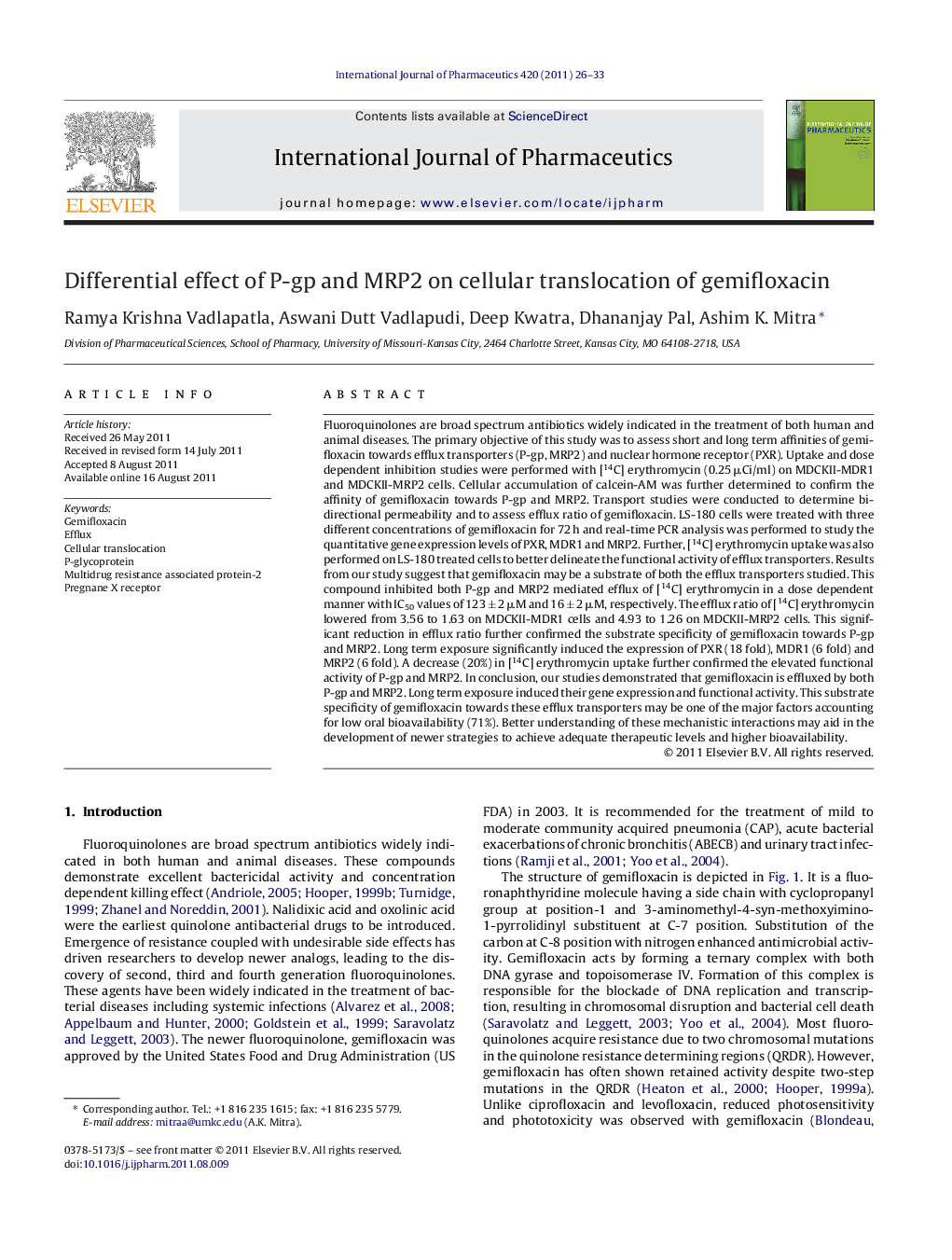 Differential effect of P-gp and MRP2 on cellular translocation of gemifloxacin