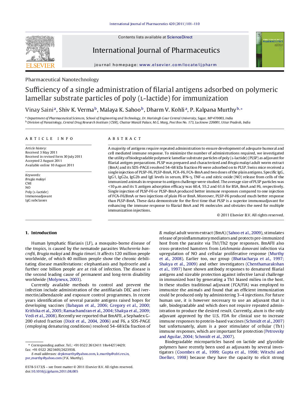 Sufficiency of a single administration of filarial antigens adsorbed on polymeric lamellar substrate particles of poly (l-lactide) for immunization